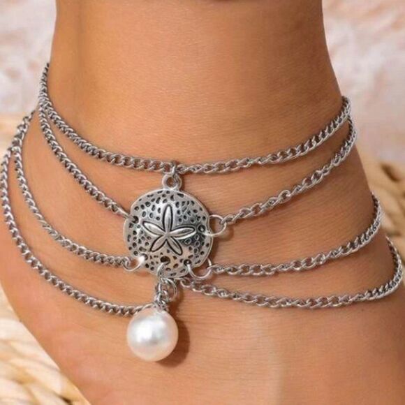 ✨🆕✨ BoHo Pearl Silver Layered Anklet🌷✨ - Picture 1 of 7